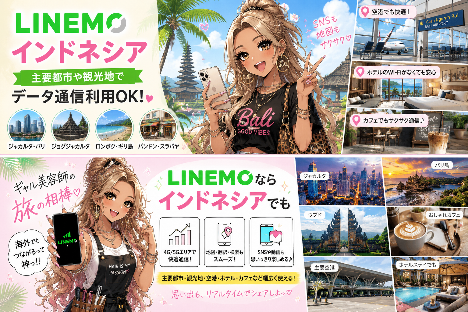 LINEMOインドネシア主要都市や観光地（空港、ホテル、カフェなど）データ通信利用
